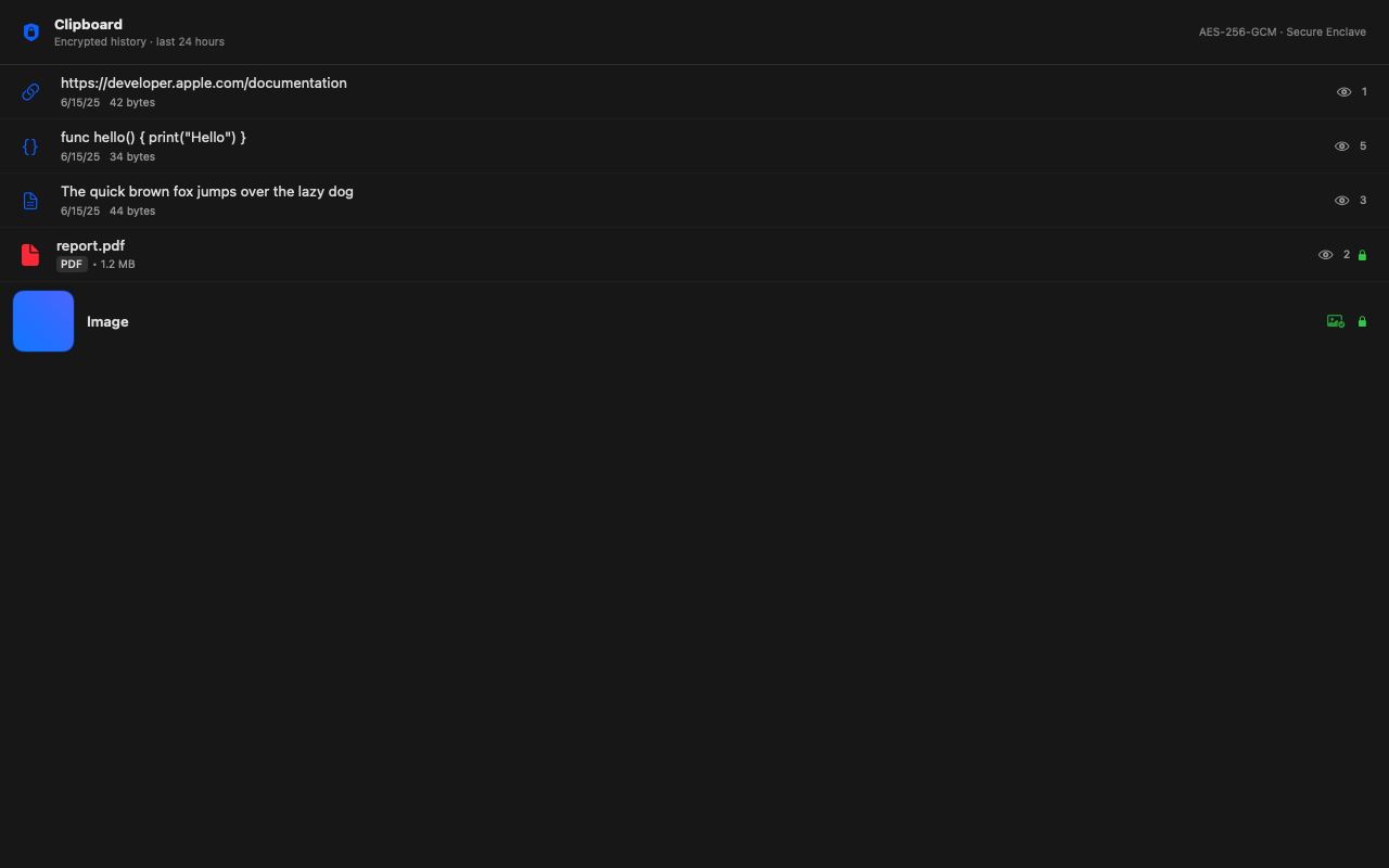 Copywarden history popup on macOS showing encrypted clipboard items with live search