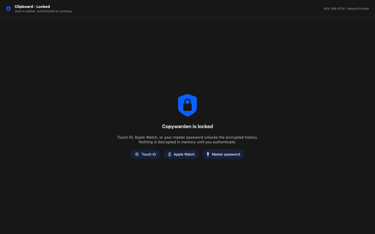Copywarden locked: history sealed behind Touch ID with previews blurred