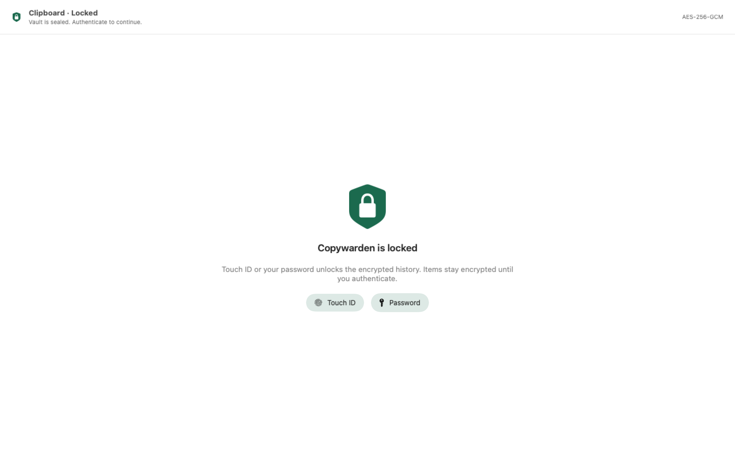 Copywarden locked: history sealed behind Touch ID with previews blurred