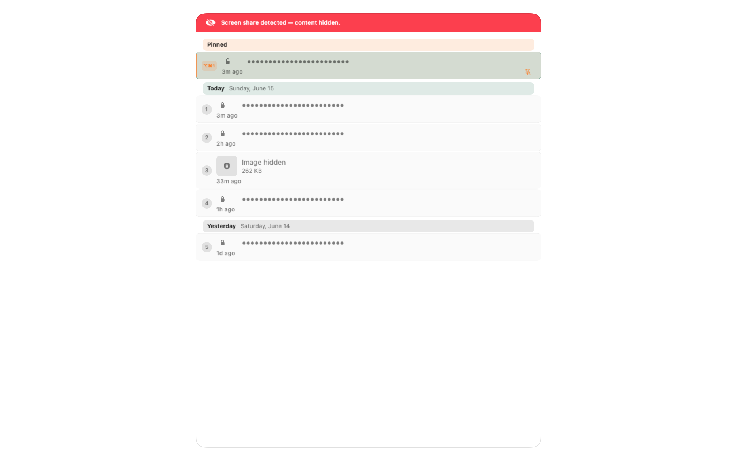 Copywarden clipboard popup with a detected secret redacted inline — the security difference versus Alfred