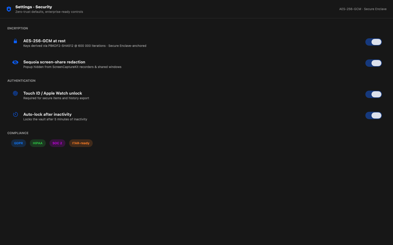 Copywarden Settings → Security showing which key-storage mode is active