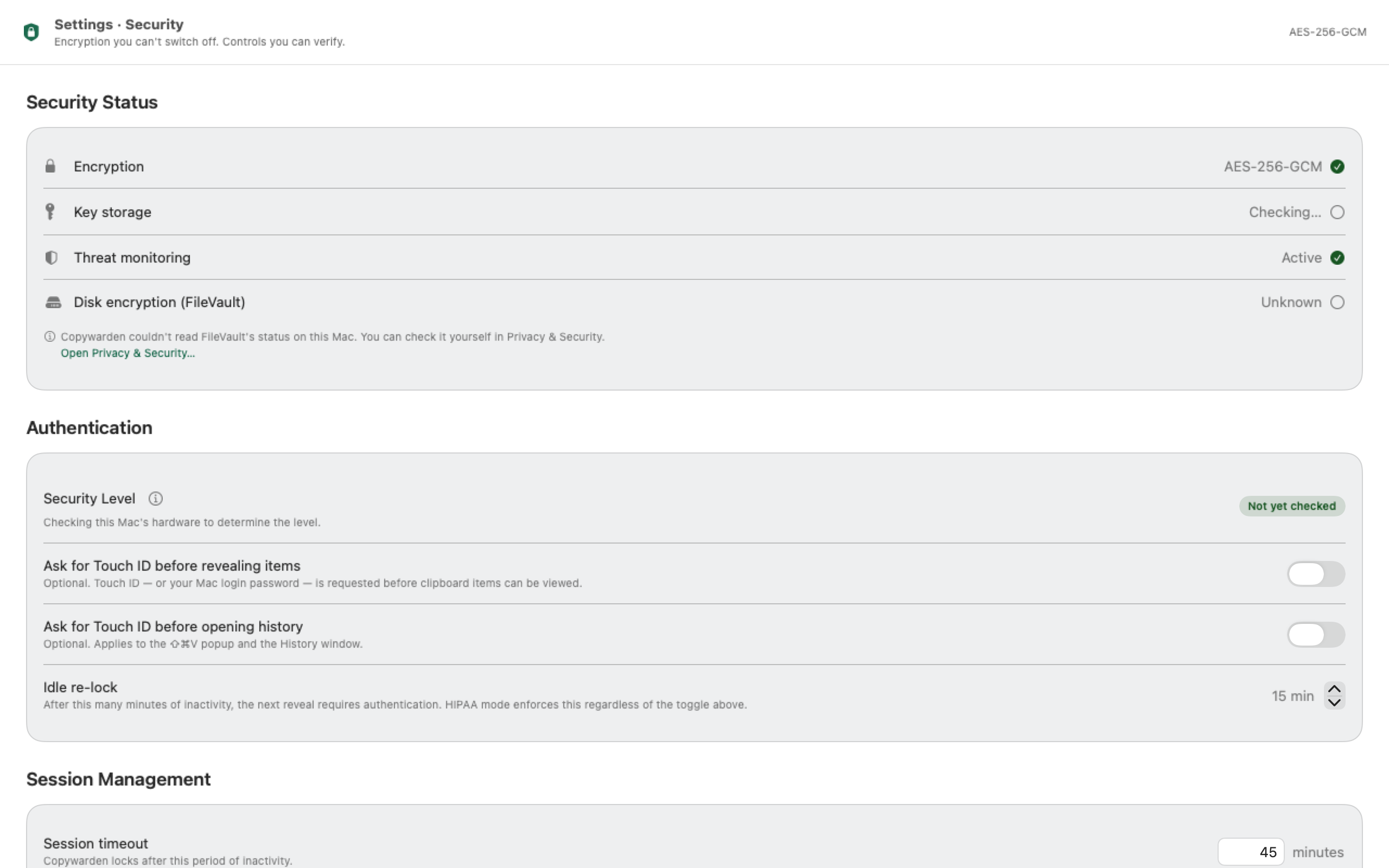 Copywarden Settings → Security showing which key-storage mode is active